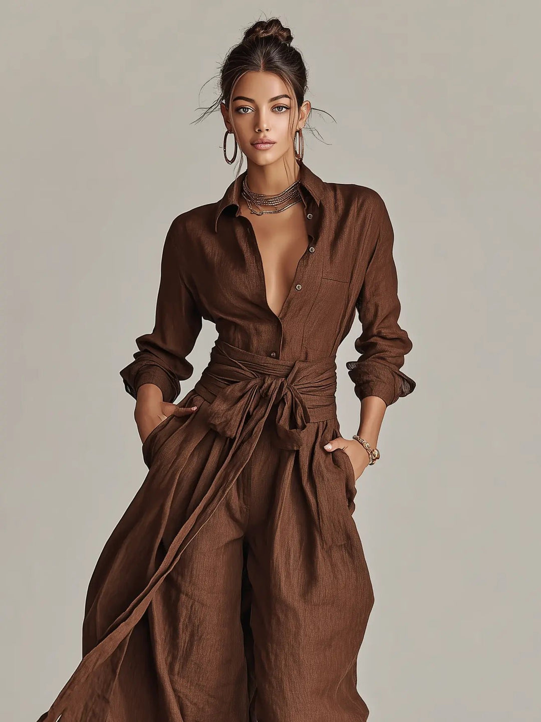 Dames Linen Overhemdjumpsuit Lange Mouwen Riem