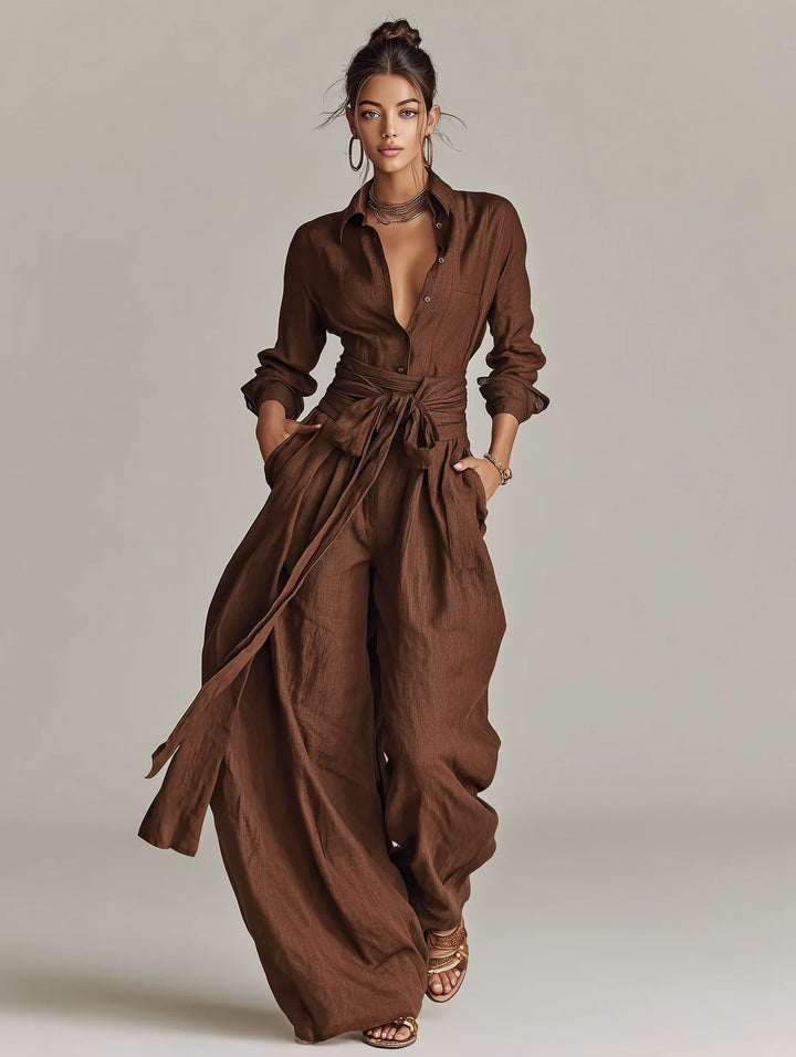 Dames Linen Overhemdjumpsuit Lange Mouwen Riem