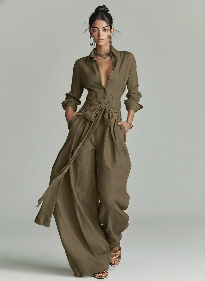 Dames Linen Overhemdjumpsuit Lange Mouwen Riem - Cold Brown