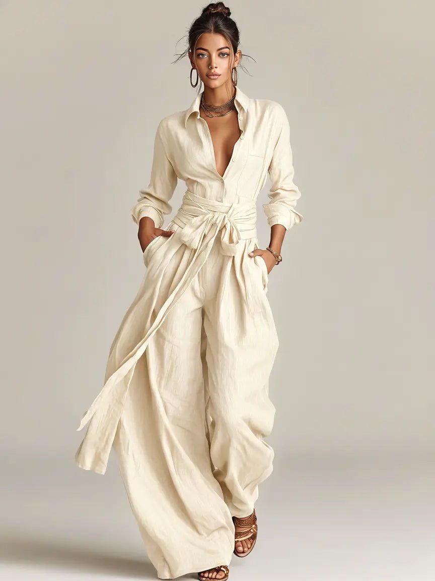 Dames Linen Overhemdjumpsuit Lange Mouwen Riem - White