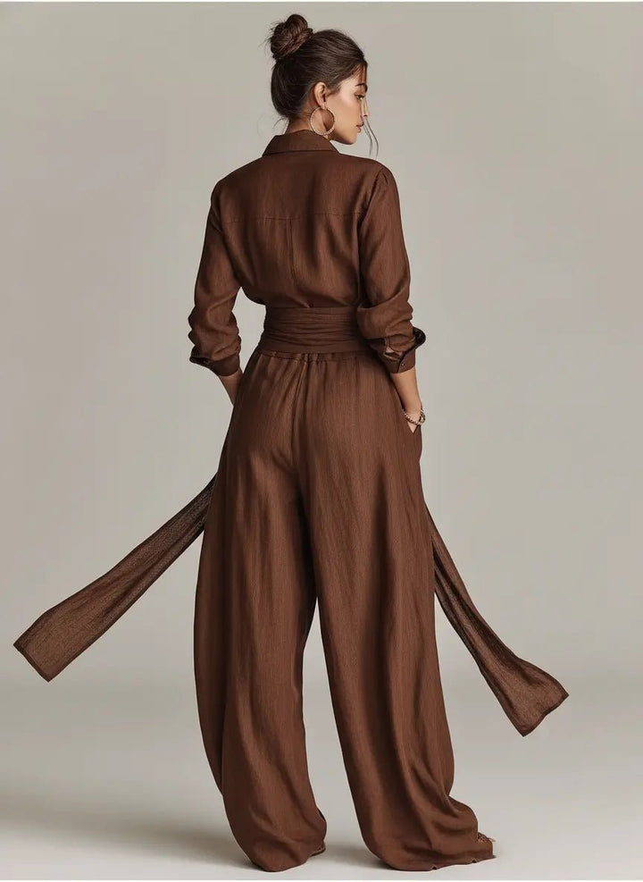 Dames Linen Overhemdjumpsuit Lange Mouwen Riem