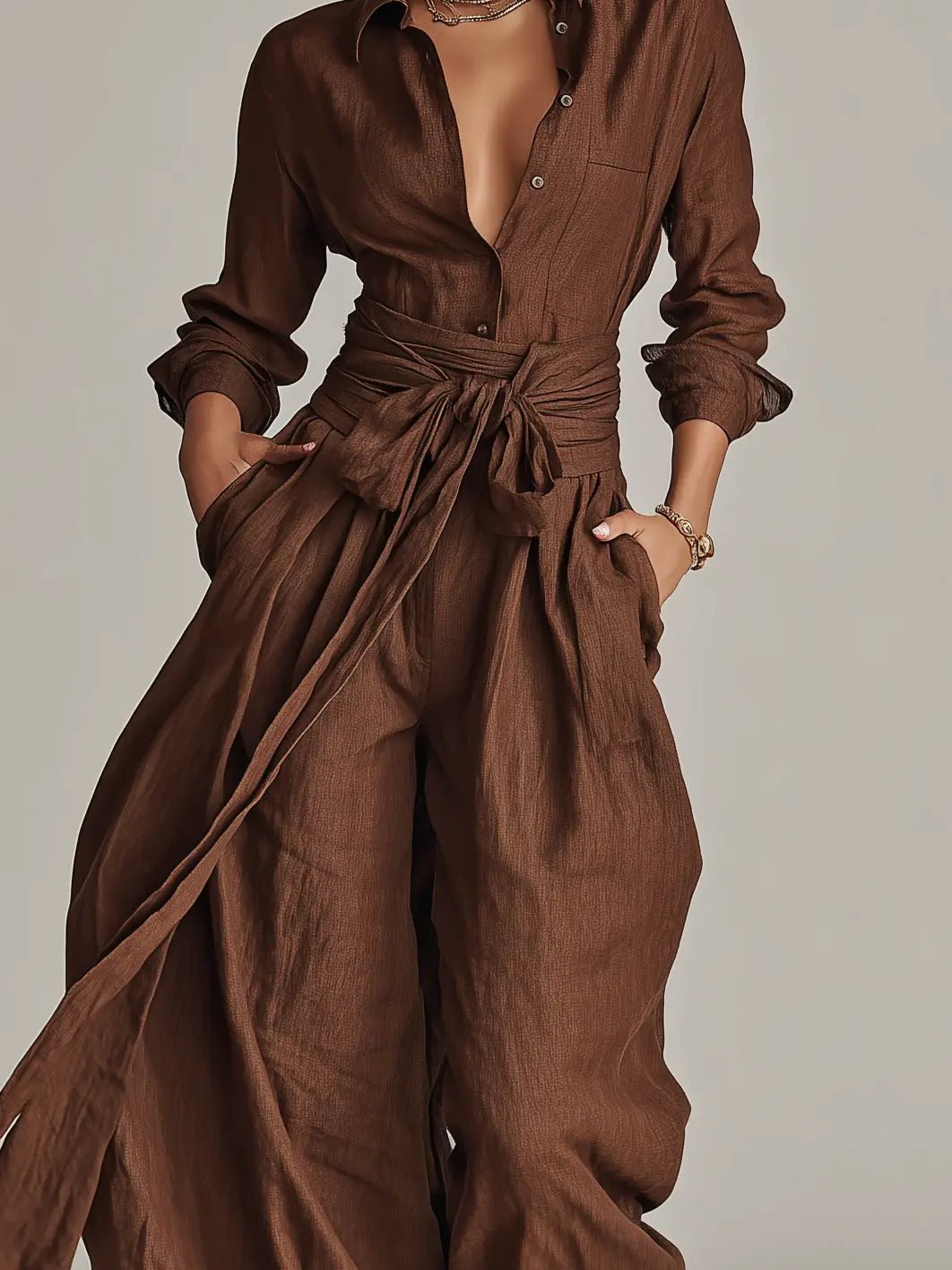 Dames Linen Overhemdjumpsuit Lange Mouwen Riem