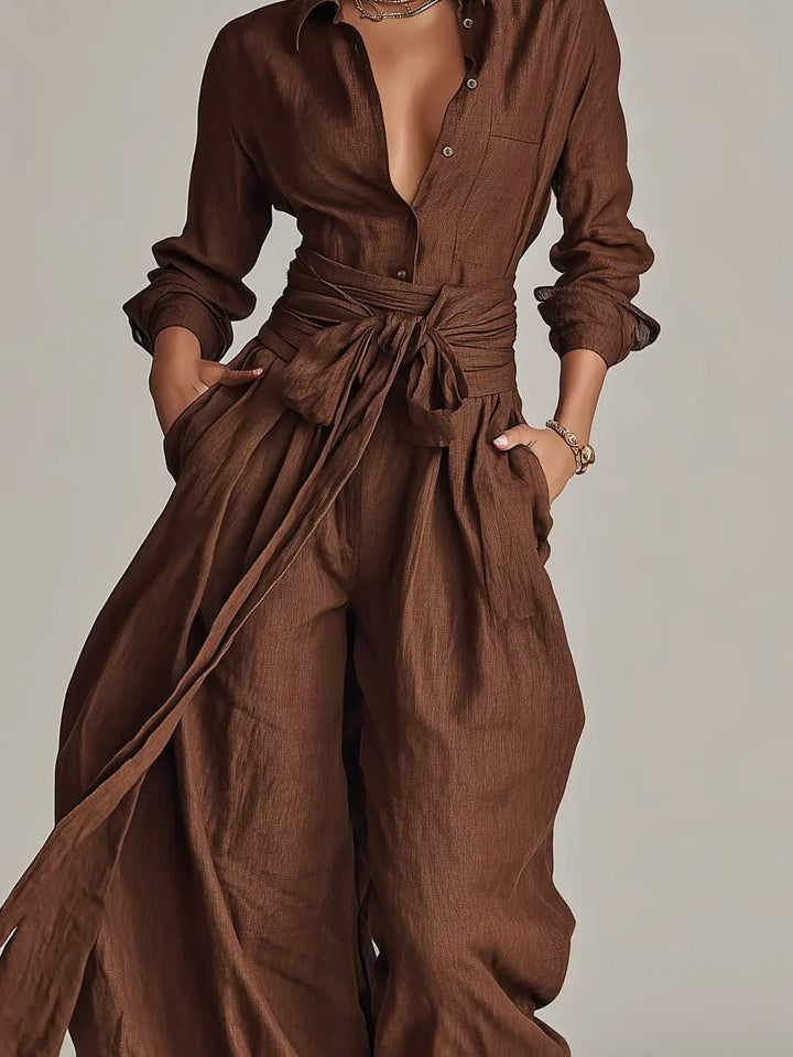 Dames Linen Overhemdjumpsuit Lange Mouwen Riem