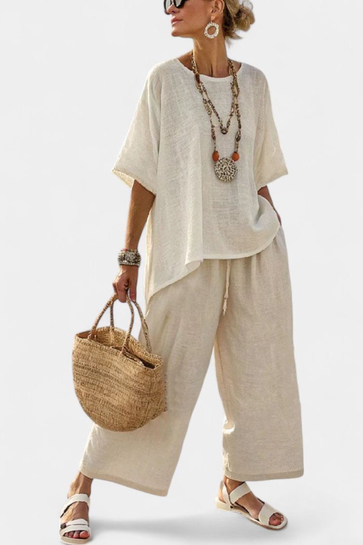 Dames Linnen Asymmetrische Top Wide-Leg Broek Tweedelige Set - White