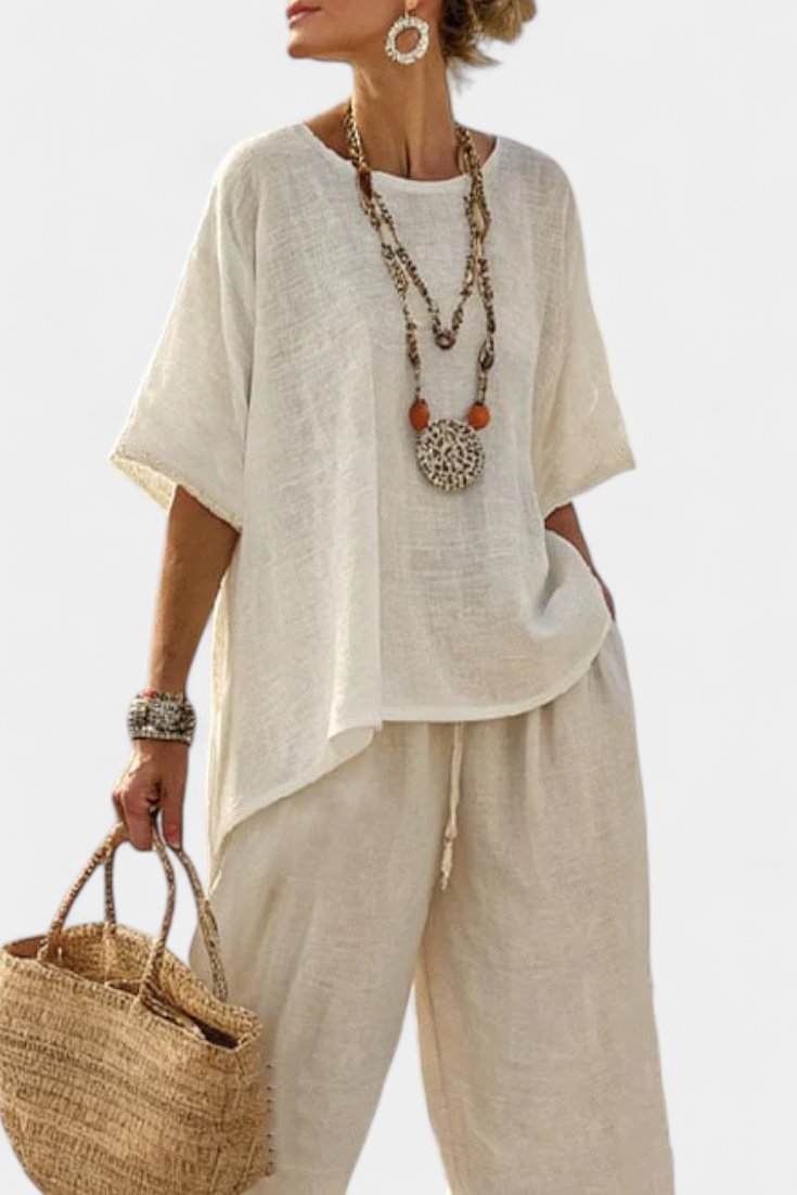 Dames Linnen Asymmetrische Top Wide-Leg Broek Tweedelige Set