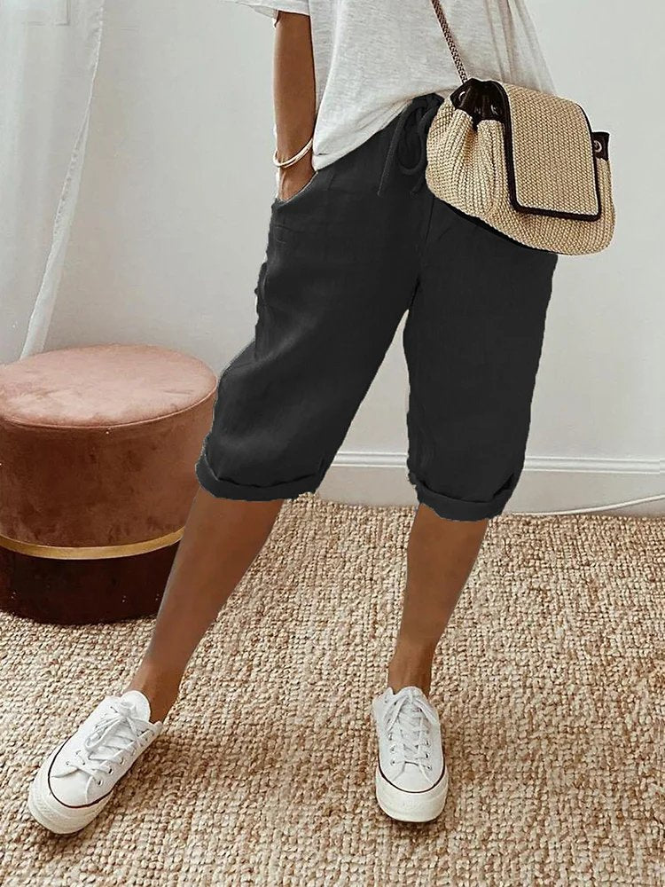 Dames Linnen Bermuda Shorts met Trekkoord Gerolde Zoom - Black