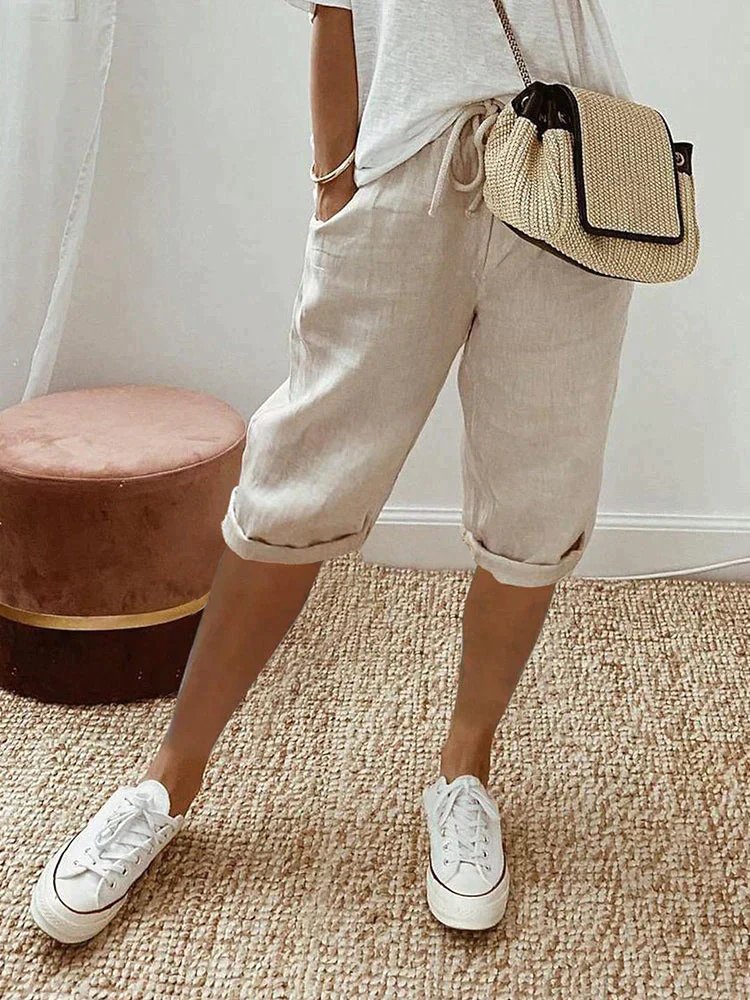 Dames Linnen Bermuda Shorts met Trekkoord Gerolde Zoom - Beige