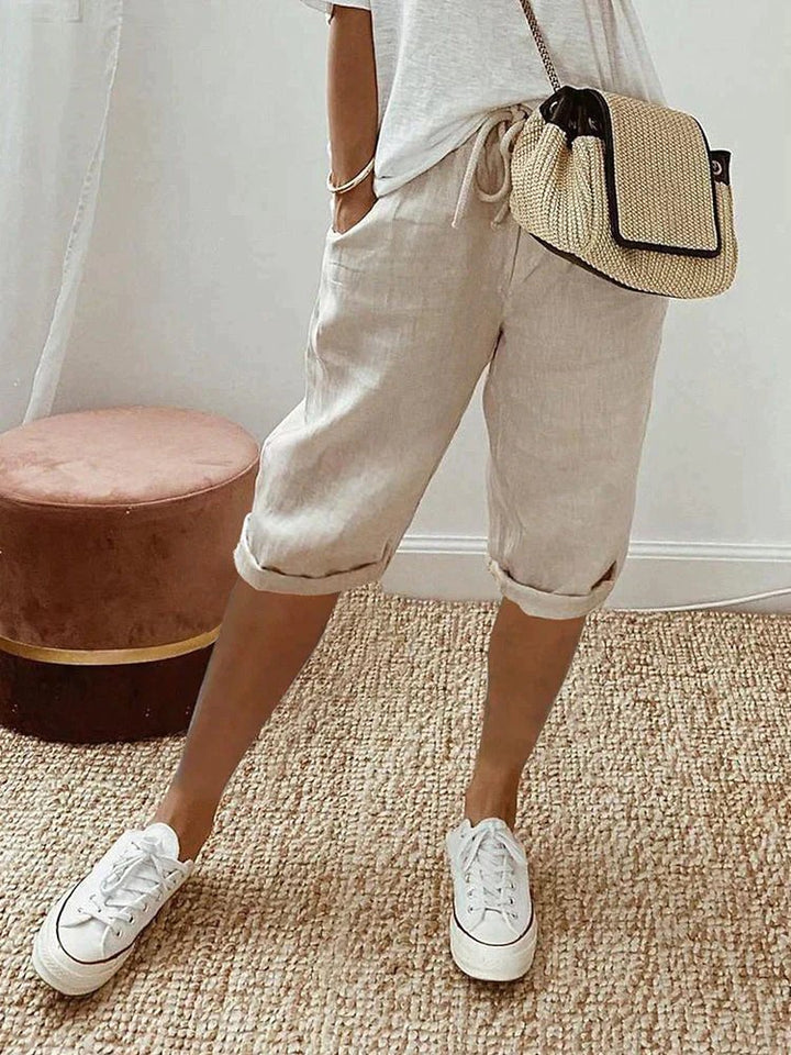 Dames Linnen Bermuda Shorts met Trekkoord Gerolde Zoom - Beige
