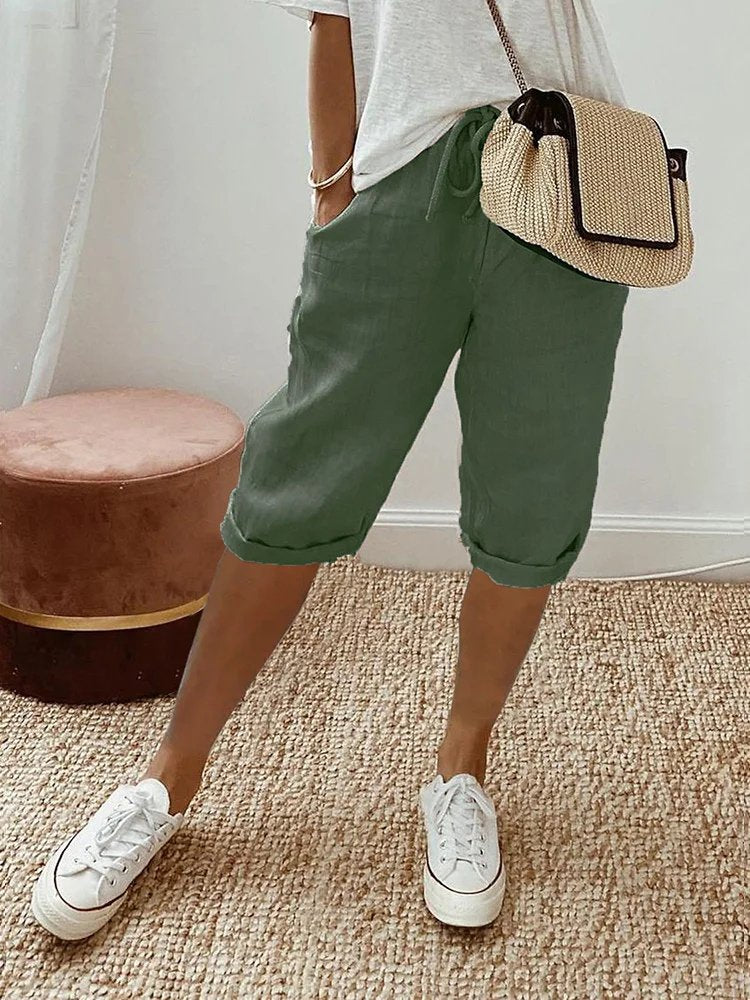Dames Linnen Bermuda Shorts met Trekkoord Gerolde Zoom - Army Green