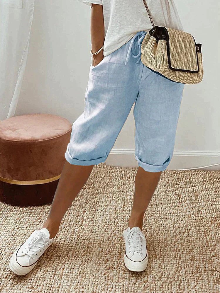 Dames Linnen Bermuda Shorts met Trekkoord Gerolde Zoom - Light Blue