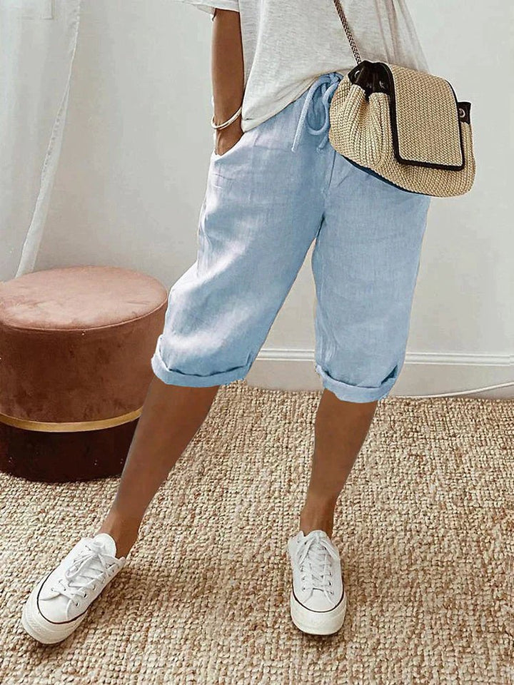 Dames Linnen Bermuda Shorts met Trekkoord Gerolde Zoom - Light Blue