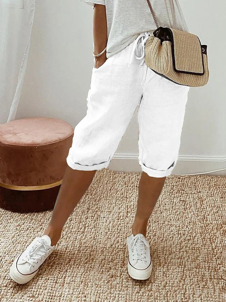 Dames Linnen Bermuda Shorts met Trekkoord Gerolde Zoom - White