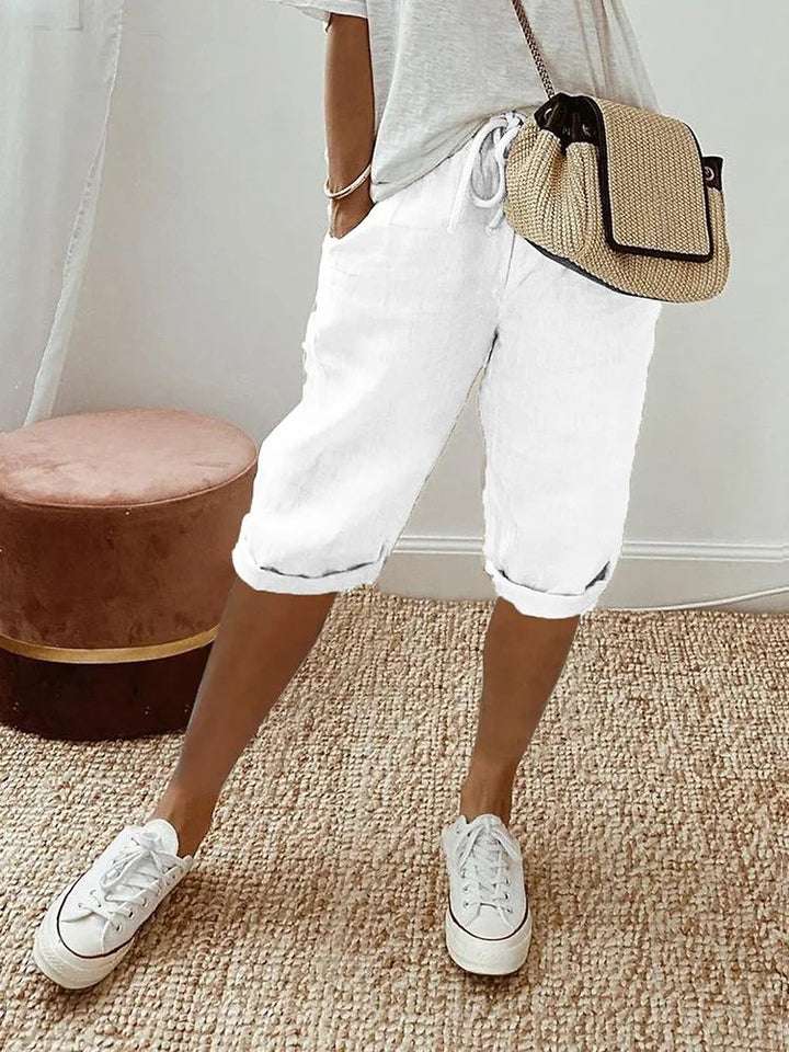 Dames Linnen Bermuda Shorts met Trekkoord Gerolde Zoom - White