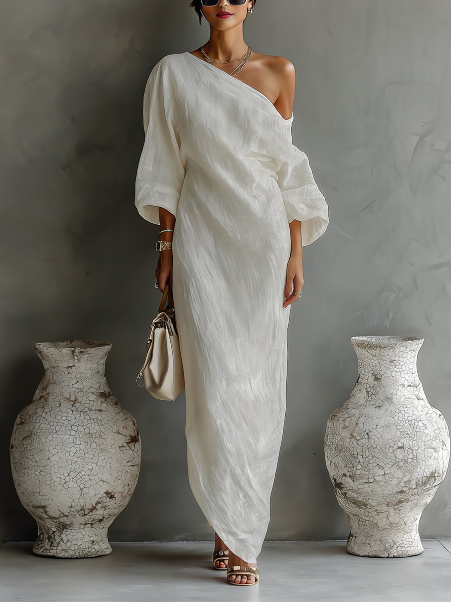 Dames Linnen Blend One-Shoulder Maxi Jurk - Ivory White