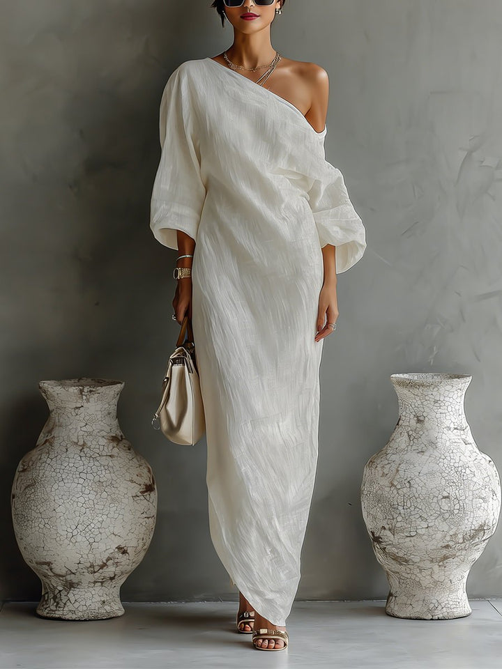 Dames Linnen Blend One-Shoulder Maxi Jurk - Ivory White
