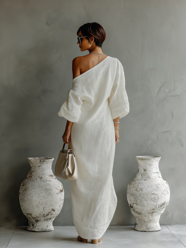 Dames Linnen Blend One-Shoulder Maxi Jurk
