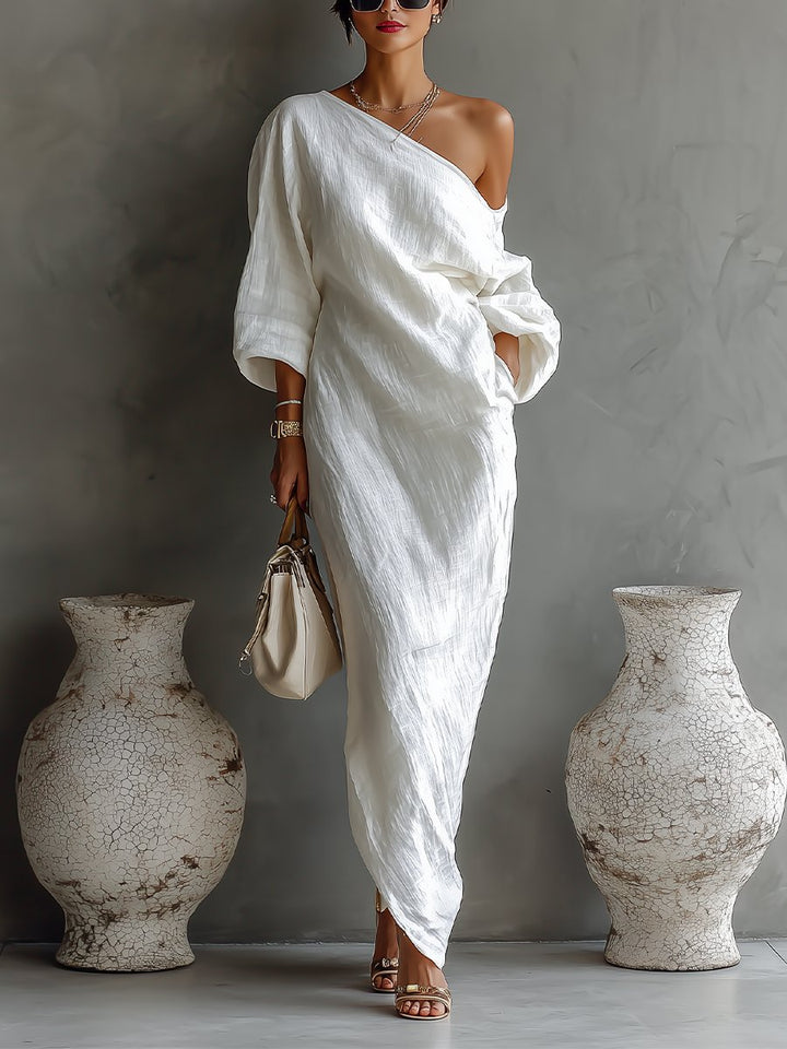 Dames Linnen Blend One-Shoulder Maxi Jurk