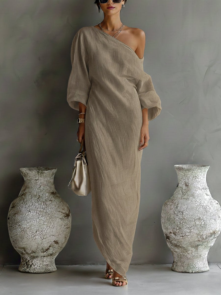 Dames Linnen Blend One-Shoulder Maxi Jurk - Khaki