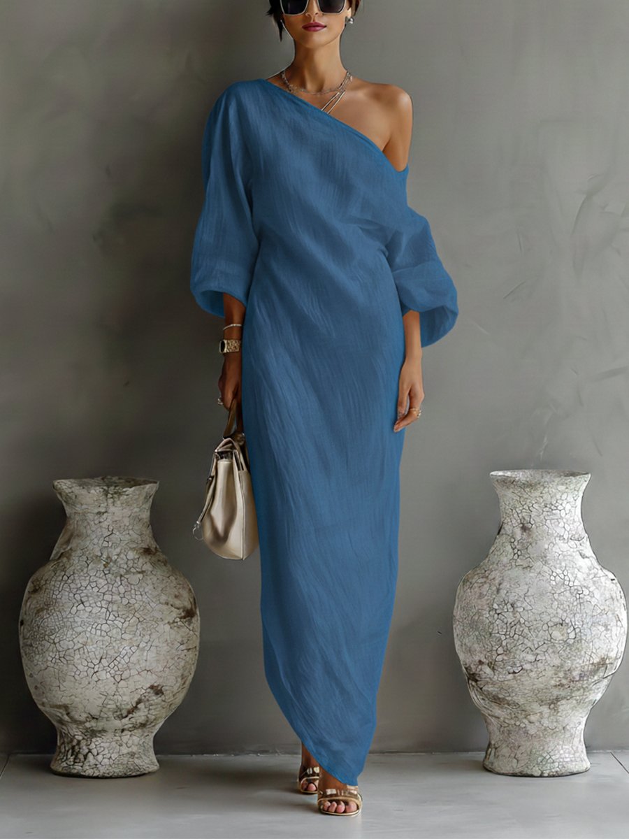 Dames Linnen Blend One-Shoulder Maxi Jurk - Blue