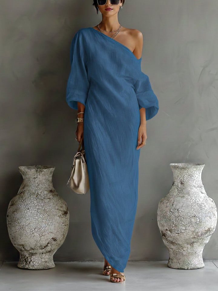 Dames Linnen Blend One-Shoulder Maxi Jurk - Blue