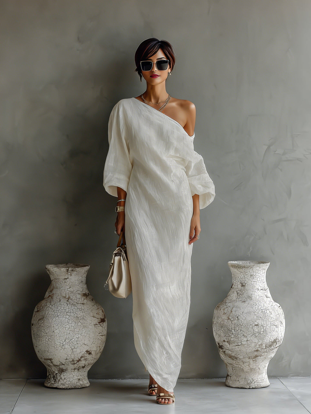 Dames Linnen Blend One-Shoulder Maxi Jurk