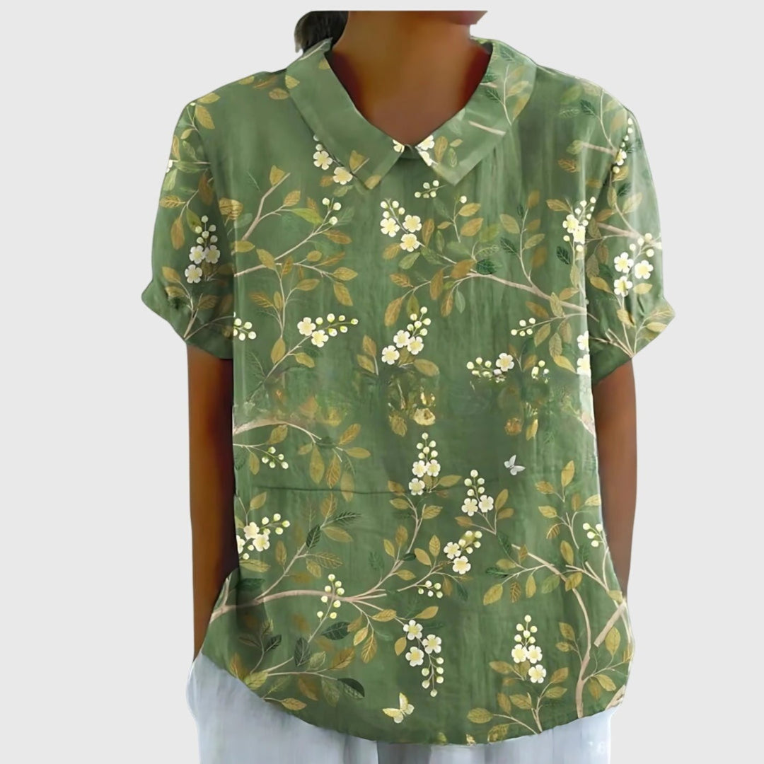 Dames Linnen Bloemenprint Kortmouw Blouse Kraag - Green