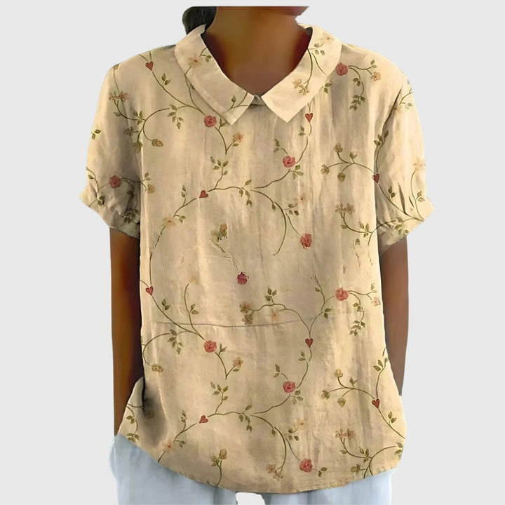 Dames Linnen Bloemenprint Kortmouw Blouse Kraag - Light Yellow