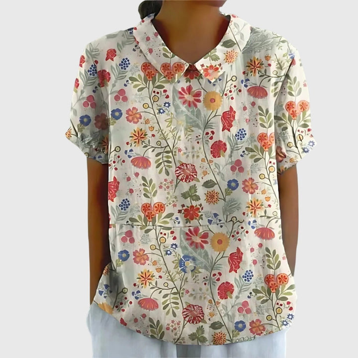 Dames Linnen Bloemenprint Kortmouw Blouse Kraag - White 6