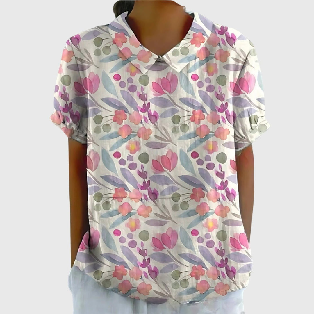 Dames Linnen Bloemenprint Kortmouw Blouse Kraag - White 7