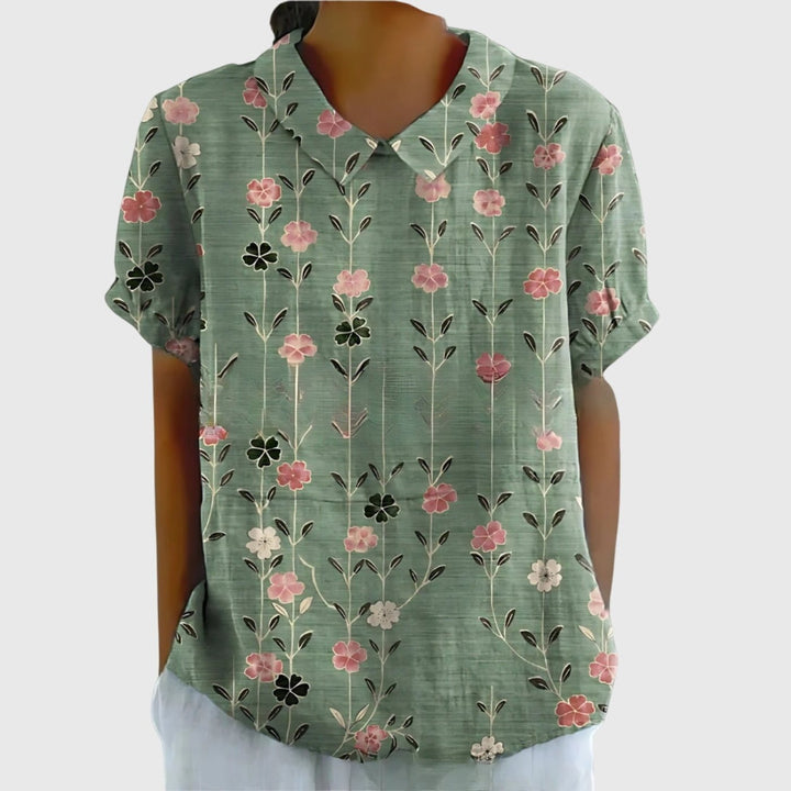 Dames Linnen Bloemenprint Kortmouw Blouse Kraag - Sage Green