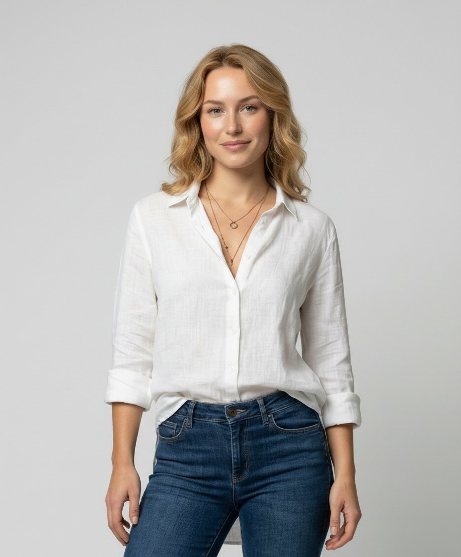Dames Linnen Blouse Driekwart Mouwen Klassieke Kraag - White