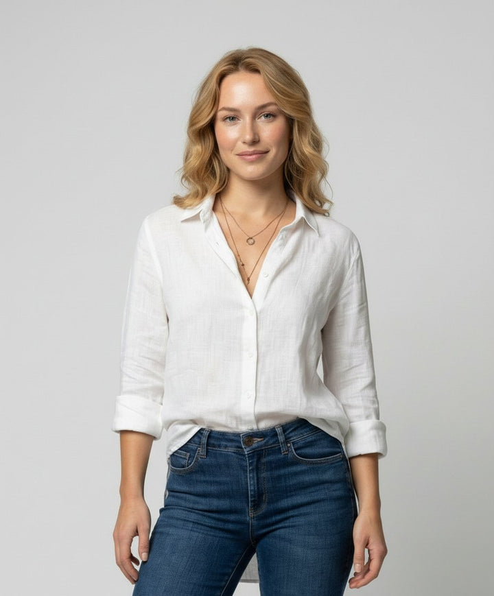 Dames Linnen Blouse Driekwart Mouwen Klassieke Kraag - White