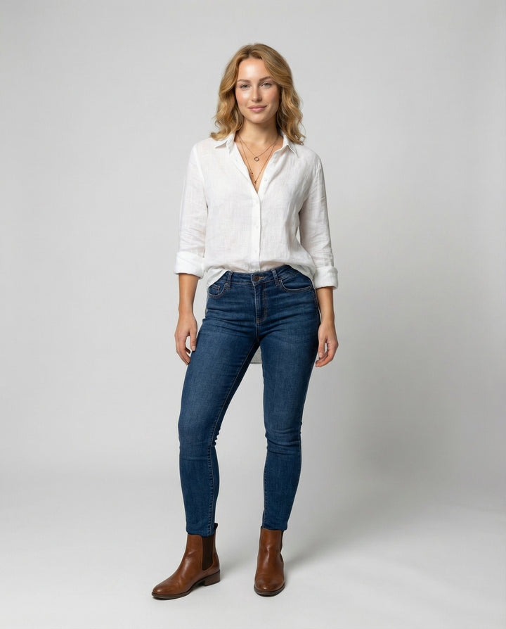 Dames Linnen Blouse Driekwart Mouwen Klassieke Kraag