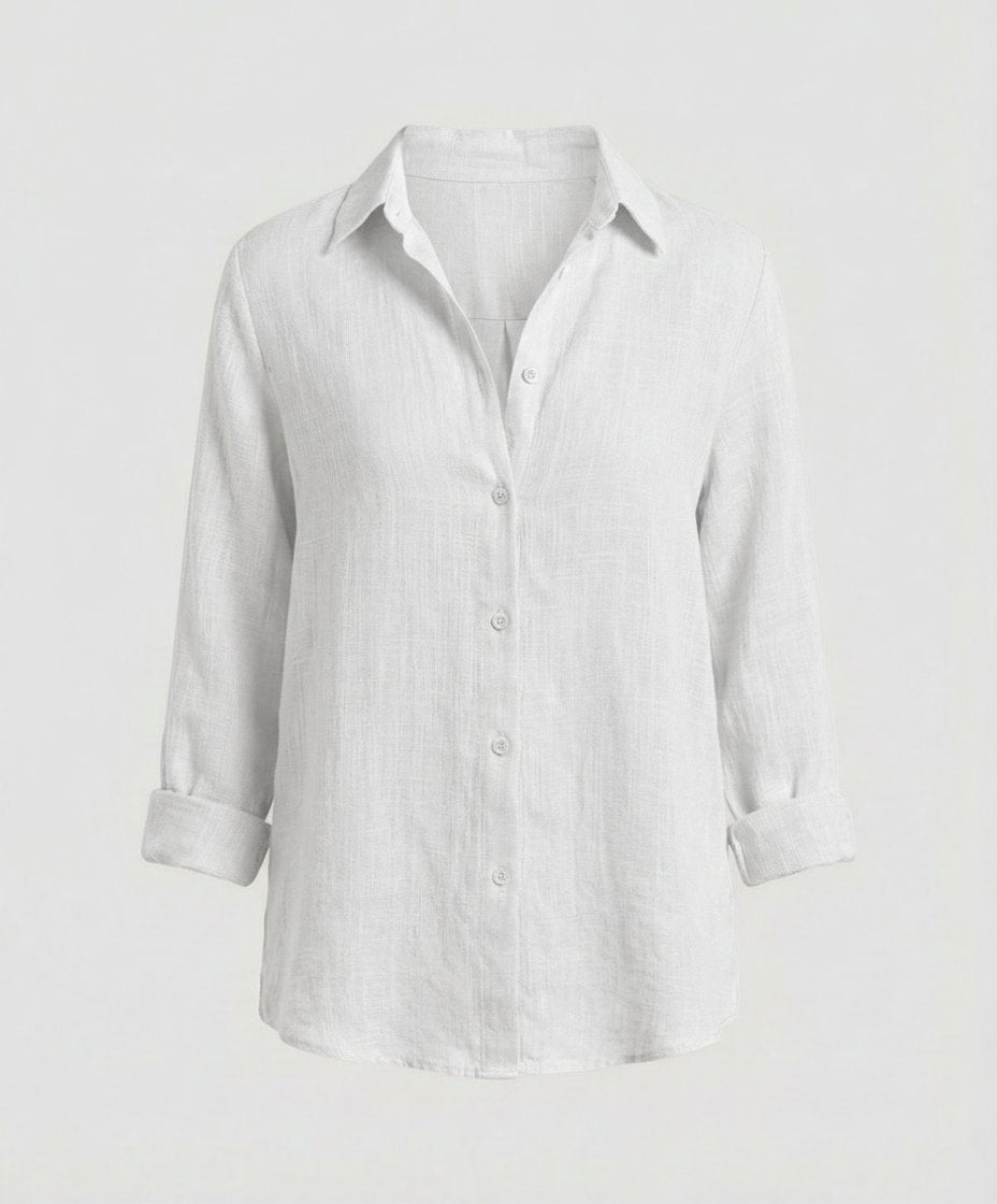 Dames Linnen Blouse Driekwart Mouwen Klassieke Kraag