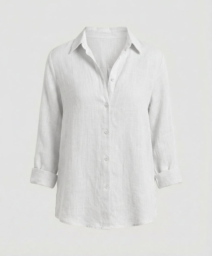 Dames Linnen Blouse Driekwart Mouwen Klassieke Kraag
