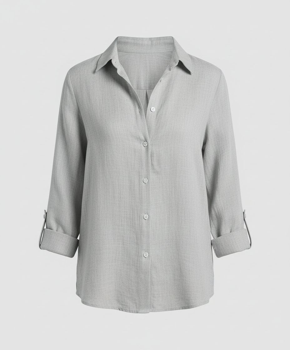 Dames Linnen Blouse Driekwart Mouwen Klassieke Kraag - Gray