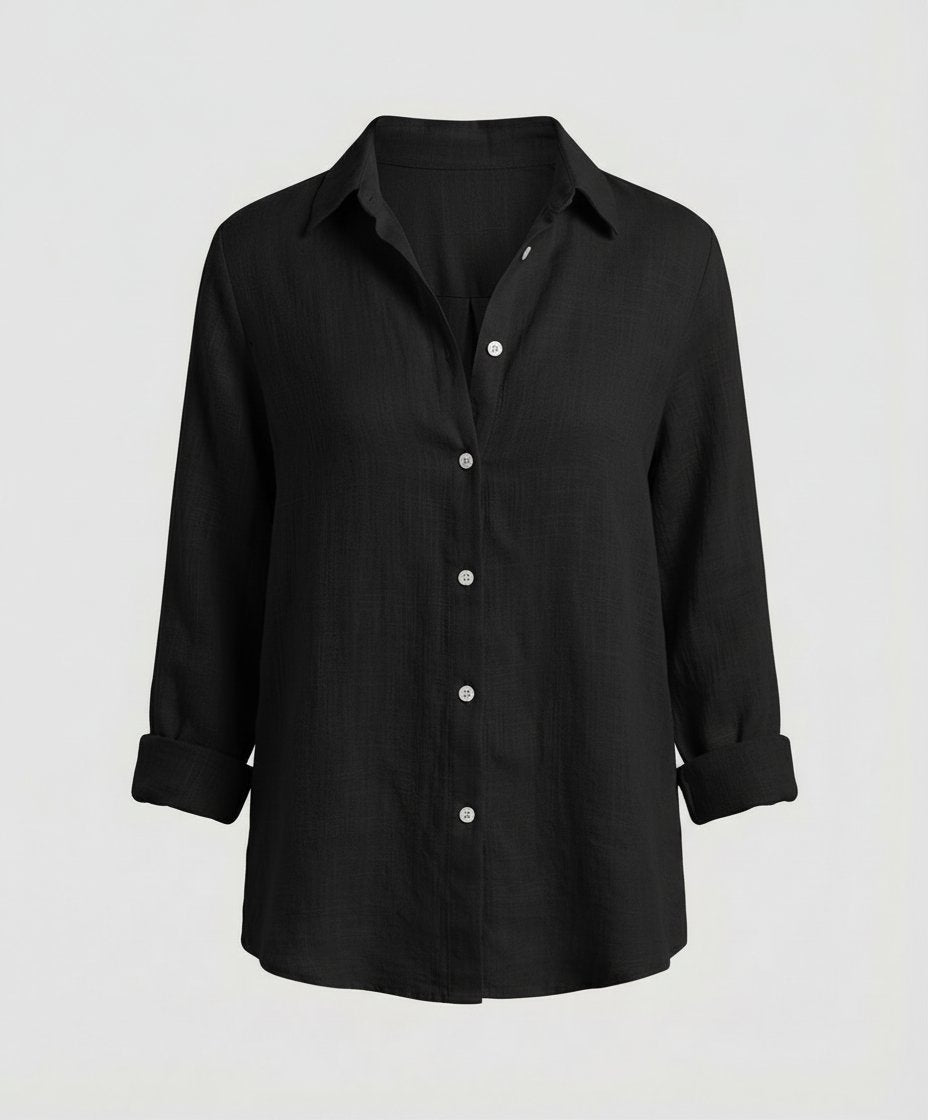 Dames Linnen Blouse Driekwart Mouwen Klassieke Kraag - Black