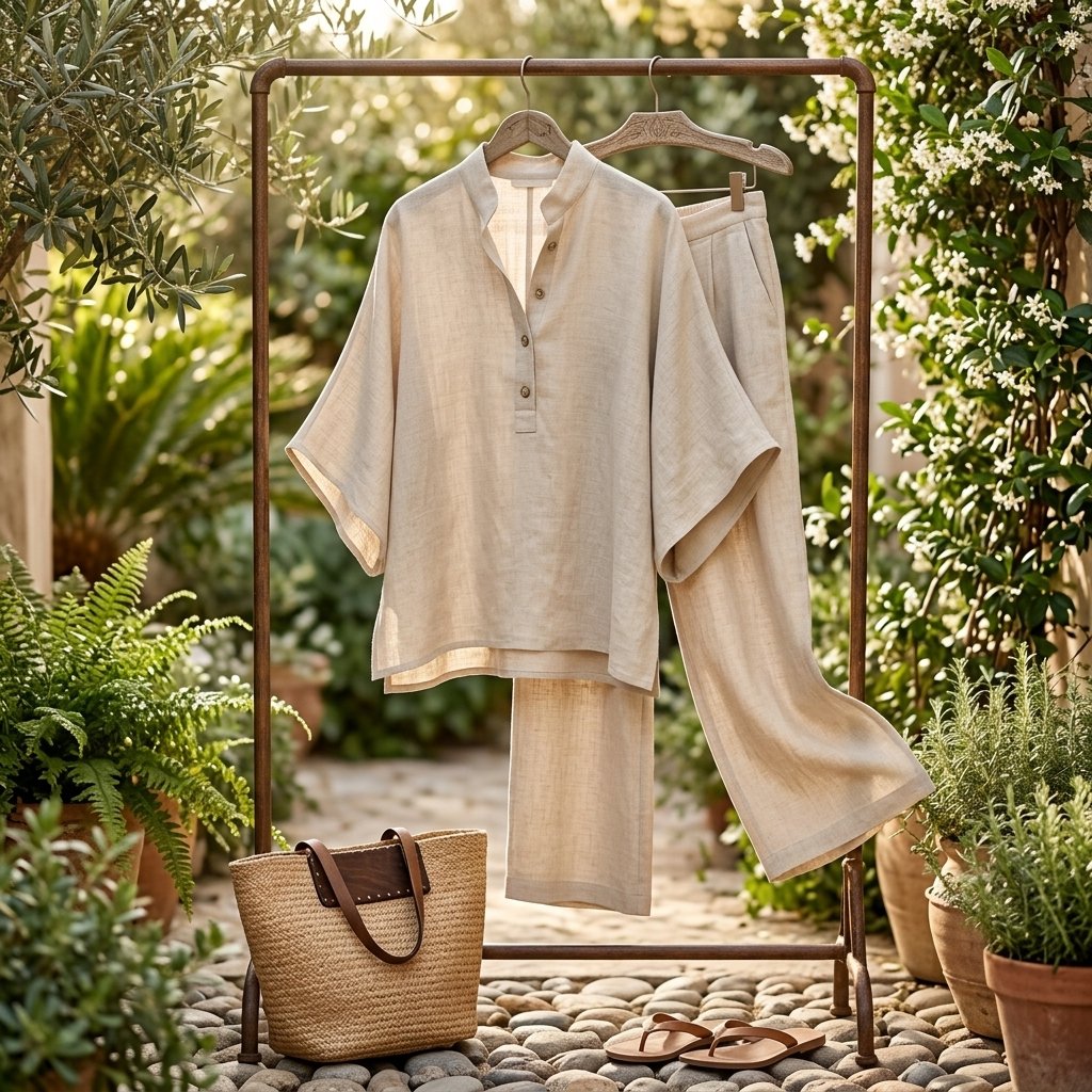 Dames Linnen Kimono-Mouw Blouse en Wijde Broek Set