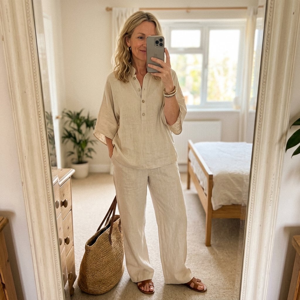 Dames Linnen Kimono-Mouw Blouse en Wijde Broek Set