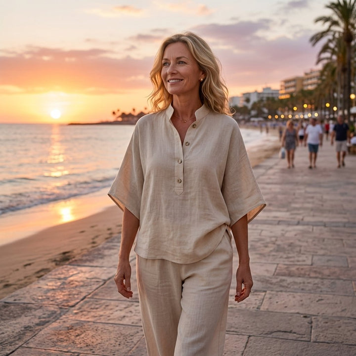 Dames Linnen Kimono-Mouw Blouse en Wijde Broek Set