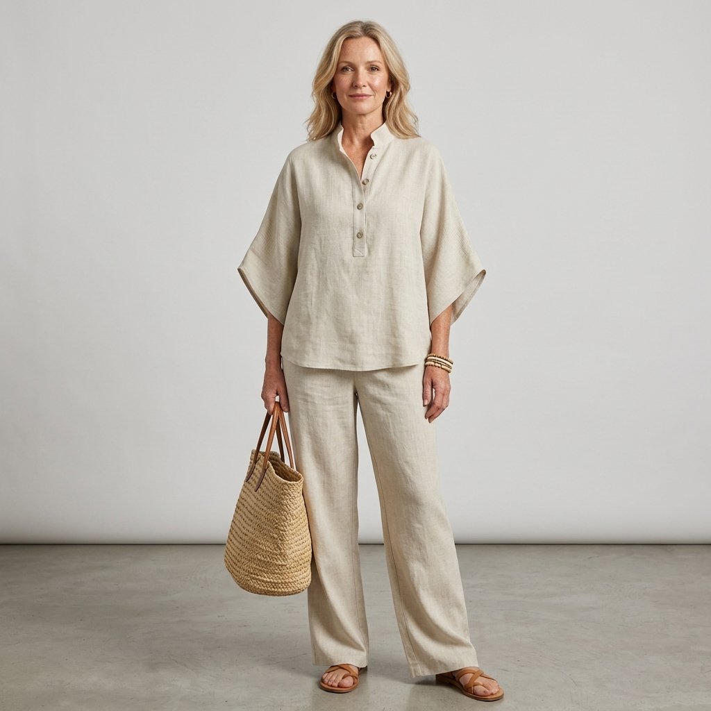 Dames Linnen Kimono-Mouw Blouse en Wijde Broek Set