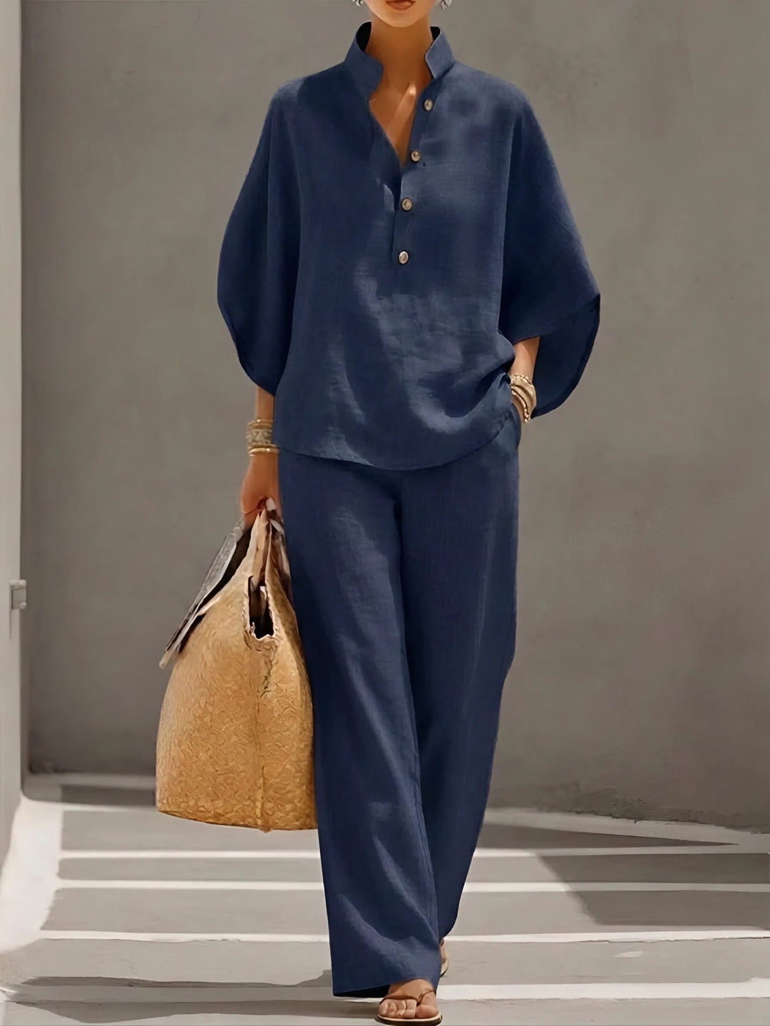 Dames Linnen Kimono-Mouw Blouse en Wijde Broek Set - Navy