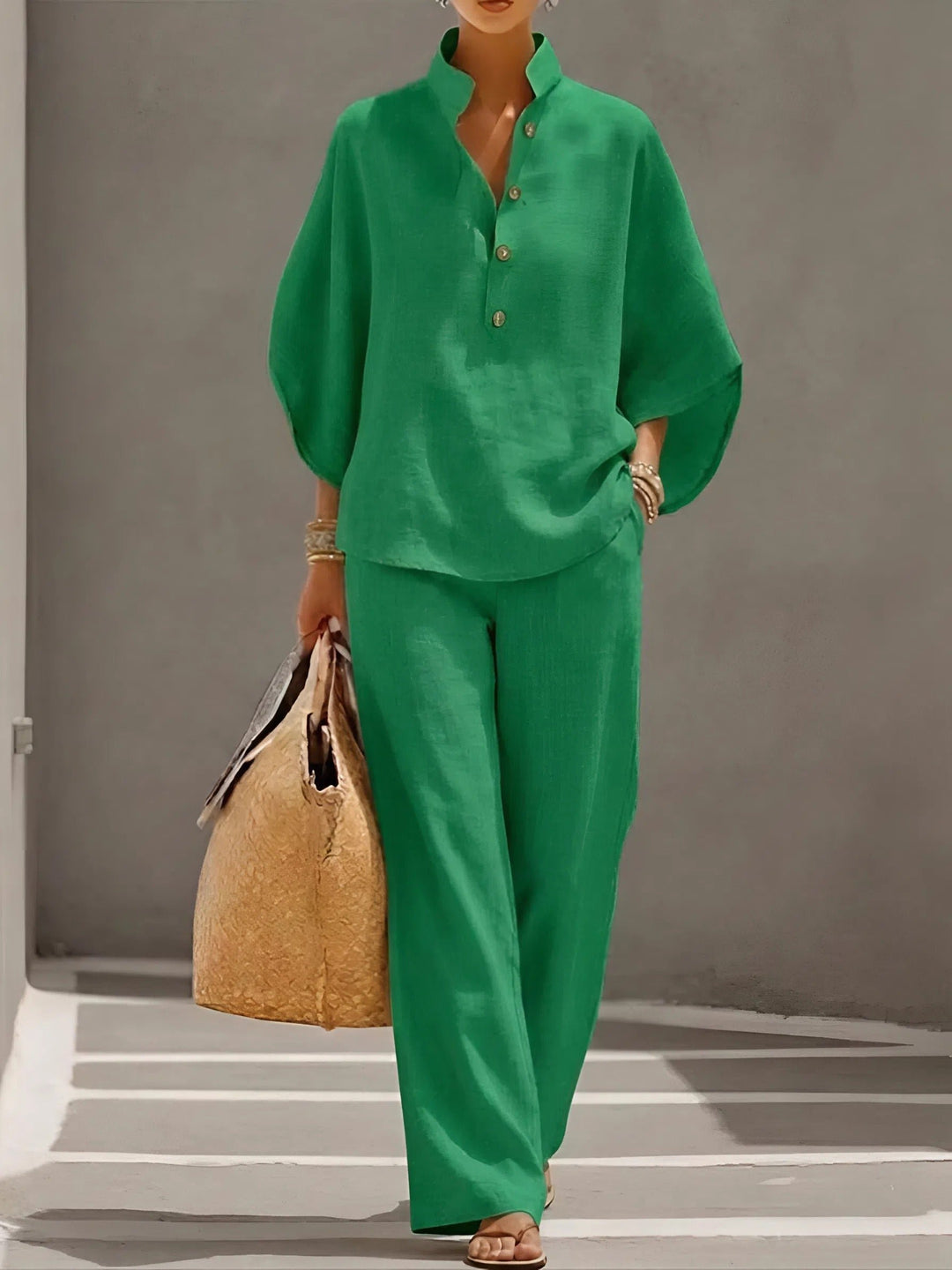 Dames Linnen Kimono-Mouw Blouse en Wijde Broek Set - Green