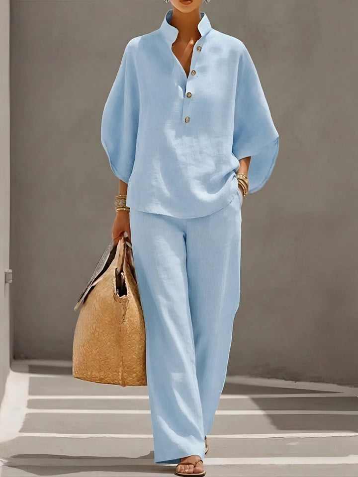 Dames Linnen Kimono-Mouw Blouse en Wijde Broek Set - Light BLue