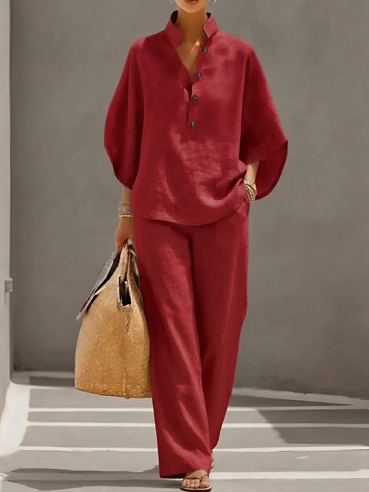Dames Linnen Kimono-Mouw Blouse en Wijde Broek Set - Red