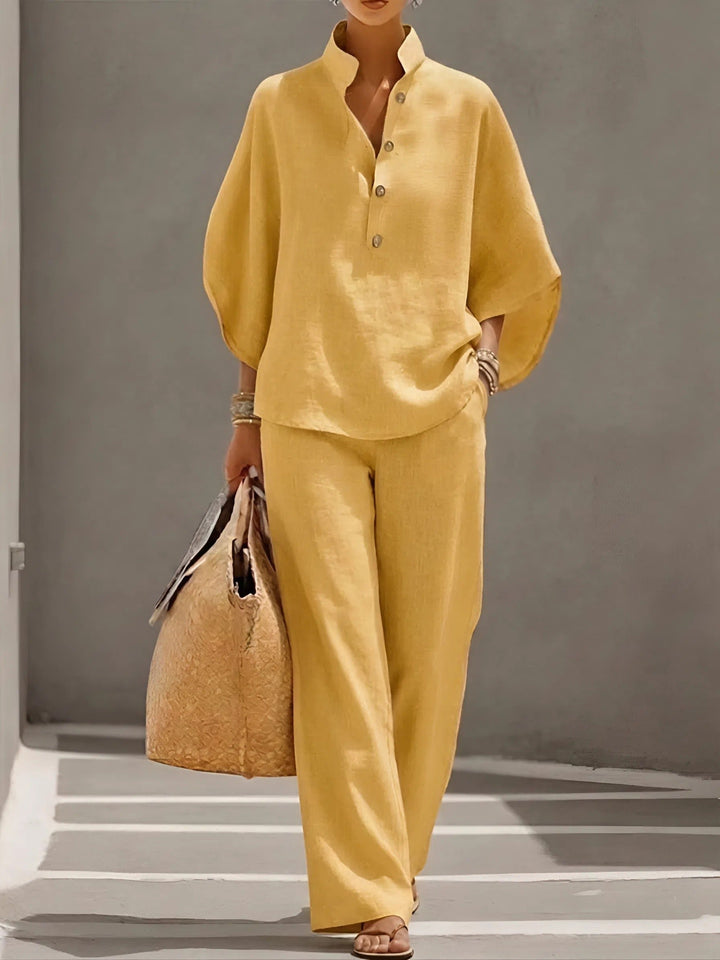 Dames Linnen Kimono-Mouw Blouse en Wijde Broek Set - Yellow