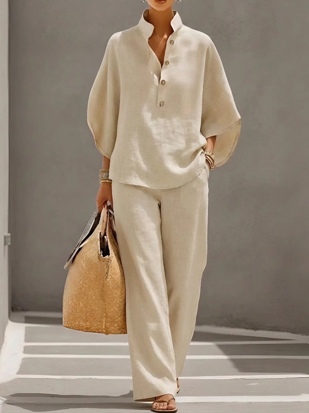 Dames Linnen Kimono-Mouw Blouse en Wijde Broek Set