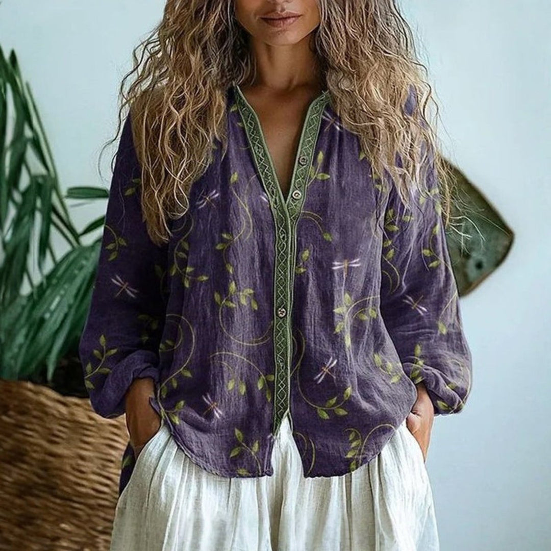 Dames Linnen Lange Mouw Bloemenprint Cardigan Blouse - Purple