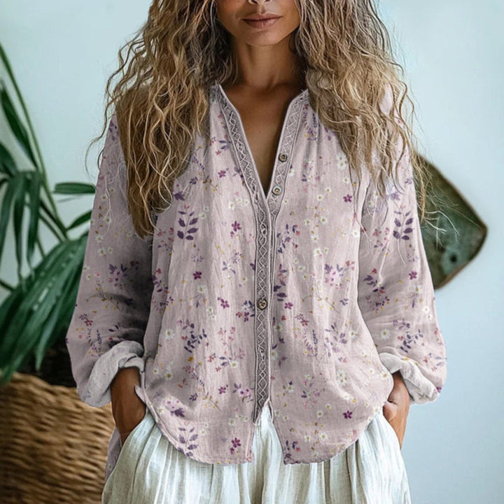 Dames Linnen Lange Mouw Bloemenprint Cardigan Blouse - Light Pink