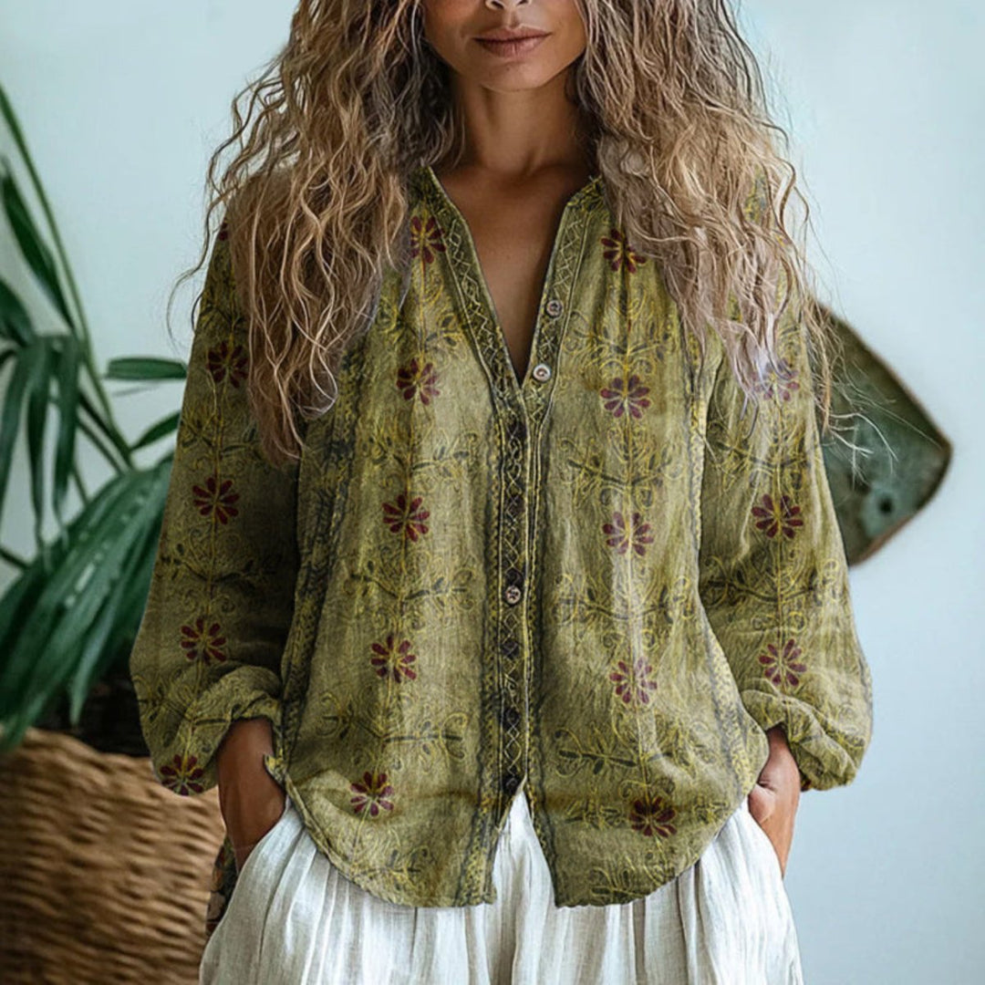 Dames Linnen Lange Mouw Bloemenprint Cardigan Blouse - Light Olive Green